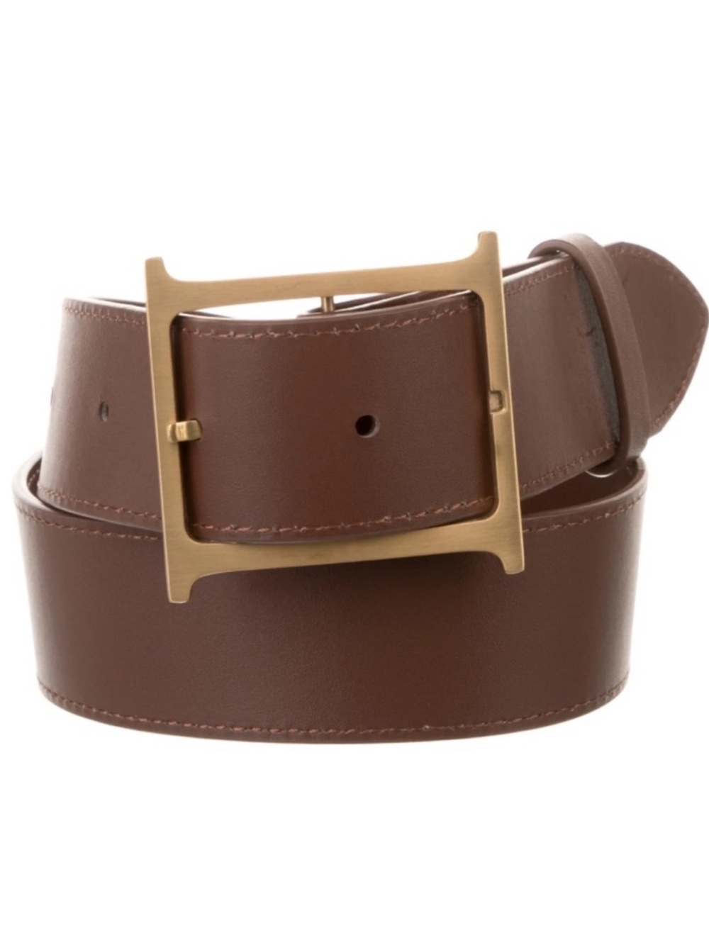 Wide Brown Leather Belt with Square Brass Buckle